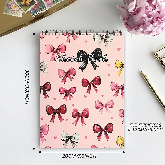 Cabreche Cute Sketchbook Top Spiral Bound Sketch Pad, 9 x 12 inch,100GSM Thick Paper,50 Sheets 100 Pages,Art Sketch Book Artistic Writing Drawing Paper for Girls Women Beginners-Pink Bowknot