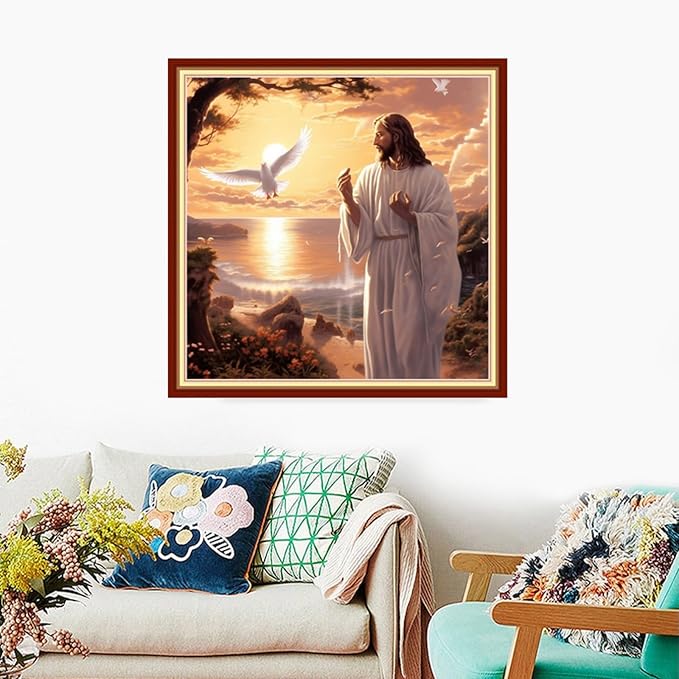 Foxdiviy Stamped Cross Stitch Kits Full Range of Embroidery Needlework Starter Kits for Beginners Adults 11CT Embroidery Patterns Art Crafts DIY Needlepoint Kits-Jesus by The Sea 18x18 inch
