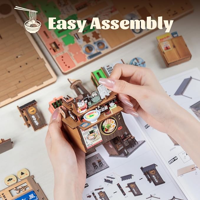 Fsolis Japanese Book Nook Kit - DIY Miniature Scene House Kit, 3D Puzzles for Adults, 220 Wooden Pieces, Tiny House Mini Booknook Craft Shelf Decor, Gifts for Women Model Lovers (Morita-Ya Ramen)