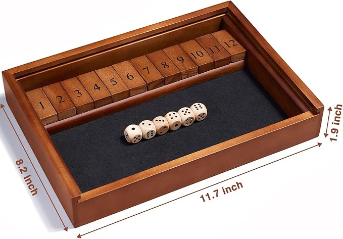 VAMSLOVE Shut The Box Dice Game Wooden Board Table Math Game for 2 Players and Up, 12 Numbers Close The Box with 6 Dice for Kids Adults Family (Instructions Included)