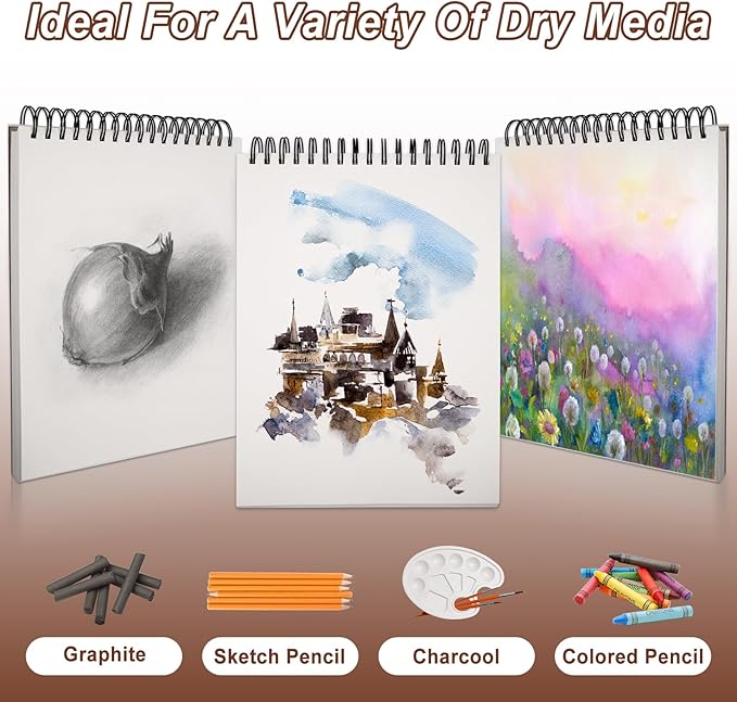 TKOOFN 9" x 12" Sketch Book, 5 Pack Top Spiral Bound Premium Sketchbook (68lb/100gsm), 500 Sheet Total Drawing Pads, Acid-Free Painting Paper for Adults Kids Artists Beginners