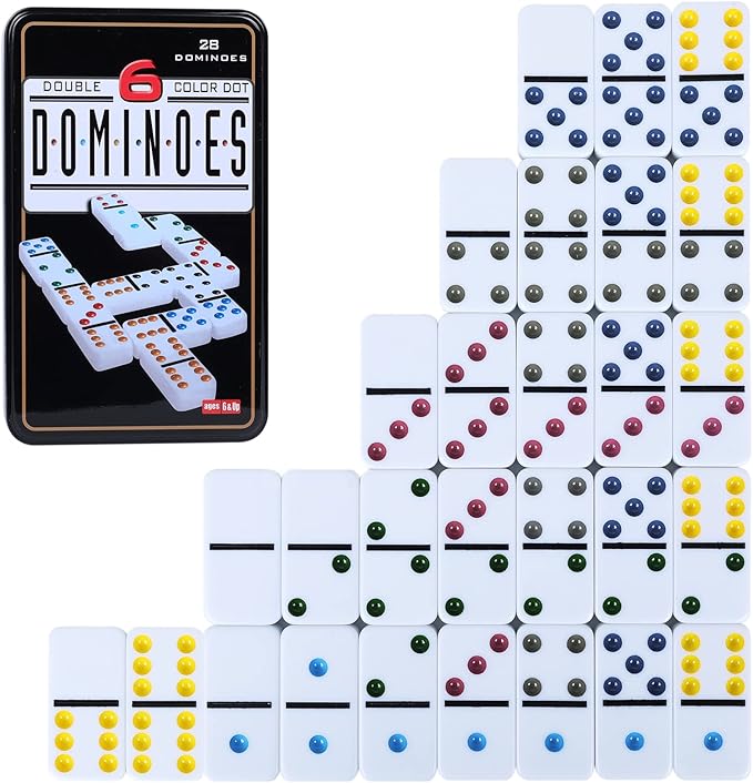 GOTHINK Double 6 Dominos Set for Adults with Tin Box Storage - 28 Tile Colorful Dot Dominoes Games Set for Family Night Gift Travel Game - Classic Party Board Game Ideal for 2-4 Players