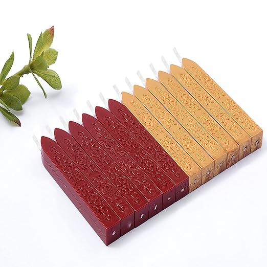 12 Pieces Sealing Wax Sticks with Wicks for Letter Sealing Stamp Wedding Invitations, Packaging Decoration (Red-Gold)