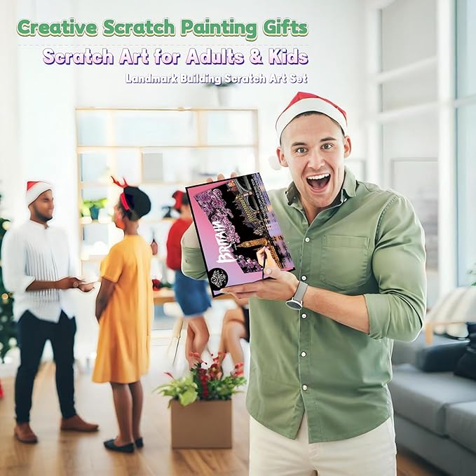 Scratch Art Painting Kit for Adults-8 Sheets A4 Rainbow Scratch Painting Paper Craft Set with City Landmarks|Stress Relief Gift for Travel&Craft Lovers|Scratch Art Home Decor(Europe Series 2)
