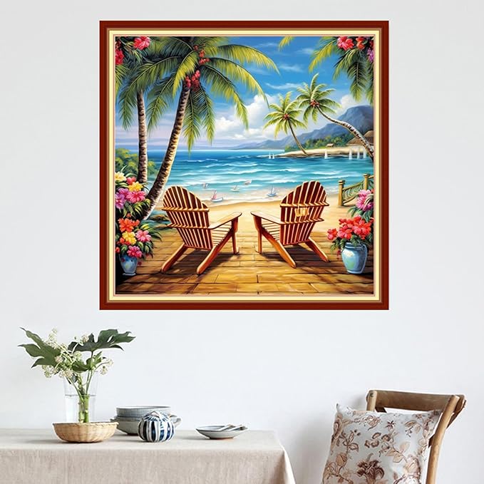 DMCVIVR Stamped Cross Stitch Kits for Adults Beginners Embroidery Kits 11CT Needlepoint Kits Cross Stitch Patterns Embroidery Patterns&Seaside Scenery 18x18 inch