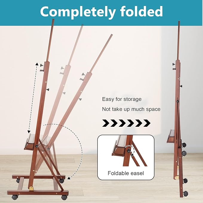 H-Frame Studio Easel, Beechwood Artist Easel with Wheels and Storage Tray, Adjustable Floor Easel Stand Holding Canvas up to 51Inches for Painting, Brown