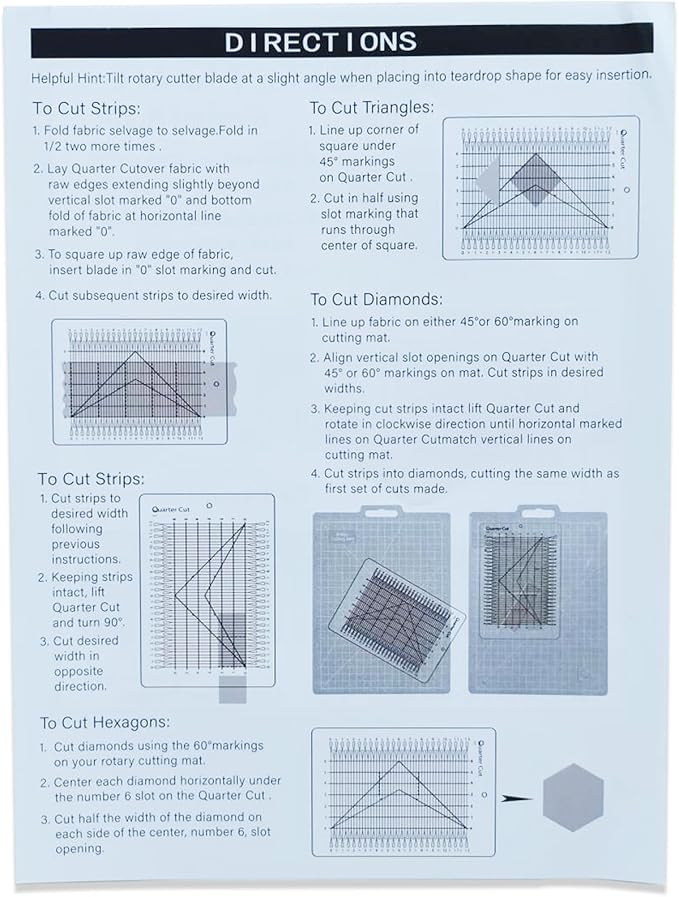 YICBOR Quarter Cut Slotted Ruler Template for Quilting and Sewing Quilt Strip Rulers for Fabric Precise Cutting with 1Pack Nonslip Self Adhesive Silicone Grips