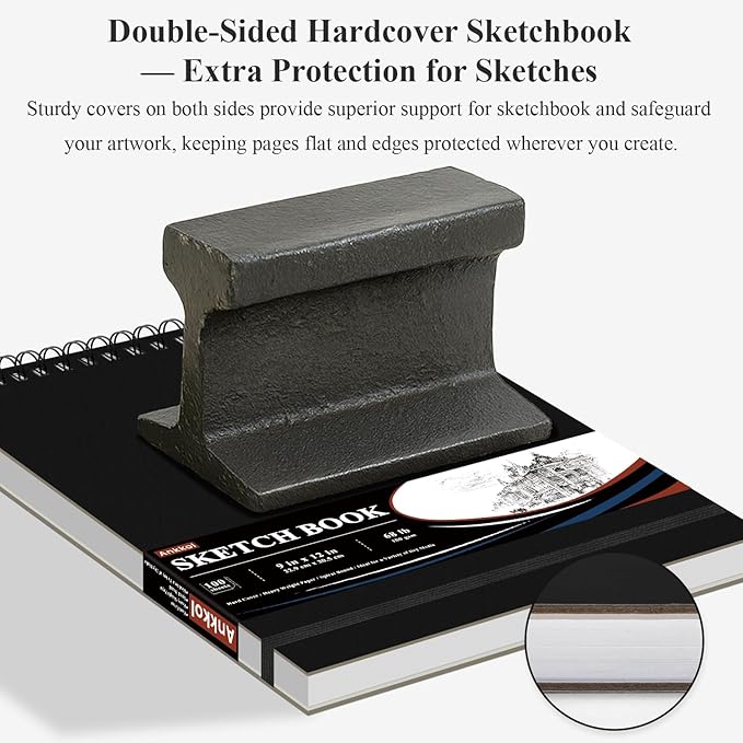 9" x 12" Sketch Book, Top Spiral Sketchbook Hardcover, 68lb (100gsm) Drawing Paper Pad & Sketch Paper, 1-Pack Sketch Pads for Drawing for Adults, Professional Art Supplies for Teens & Artist Gifts.