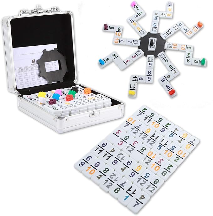 NOLIE Mexican Train Game, Double 12 Domino Set, Colored Number Dominoes with Aluminum Case