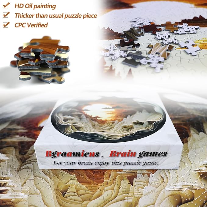 Bgraamiens 3D Visual Dawn Inside a Cave - 1000 Pieces Round Puzzle for Adults, Unique Autostereoscopy Hard Challenge, BG24011