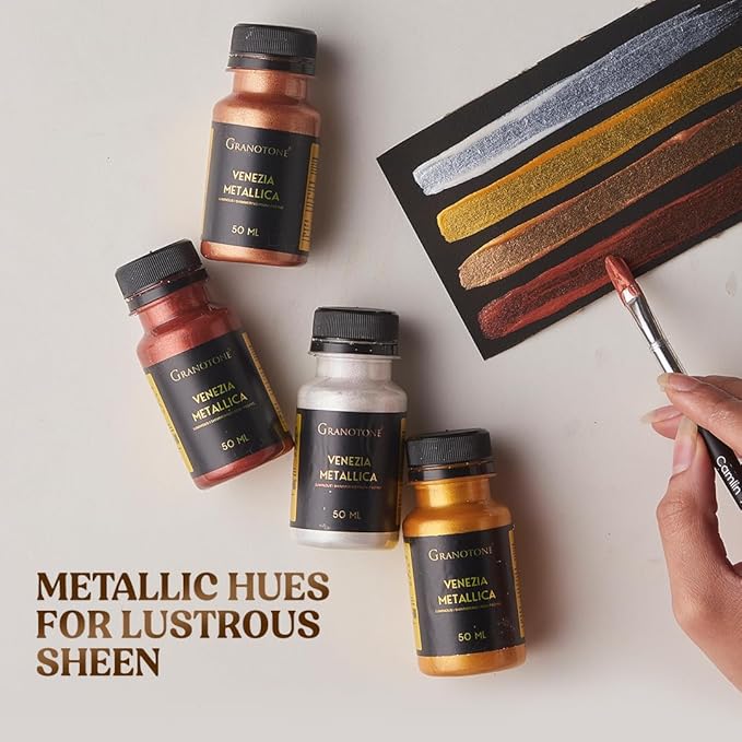 GRANOTONE Acrylic Venezia Metallic Colour | 12 Metallic Shades | 50 ml | Extra Sheen | Non Fading | Indoor/Outdoor | Non Toxic | Multi-Surface | Pro Artist, Hobby Painters & Kid | Made In India