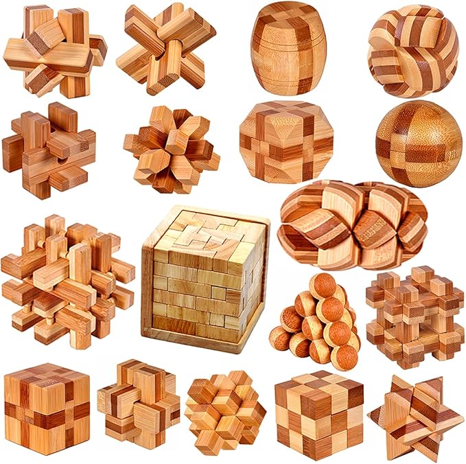 18 Pack Wooden Brain Teaser Puzzles Stress Relief Toys Wooden Burr Puzzles Brain Teaser Puzzle with Gift Packing Box Magic Puzzle Games Toy for Kids and Adults by AHYUAN (Bamboo)