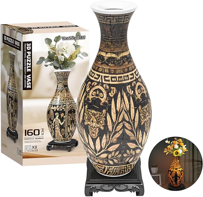 3D Puzzles Vase for Adults, 160 Pieces Plastic DIY Unique Flower Vase with LED Light, Crafts for Adults, Birthday Gifts House Warming Gift for Flower Arrangements and Home Decor (Brown)