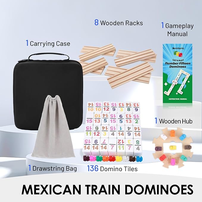 Mexican Train Dominoes Double 15 with 8 Wooden Holders | 136 Colorful Number Dominos Tiles for Adults, Travel Board Game for Family Nights, Cognitive Strategy Games for 2-8 Players