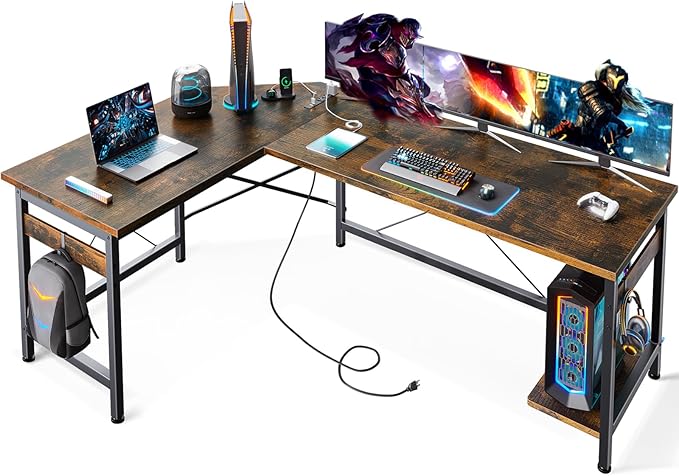 Coleshome 59" L Shaped Gaming Desk with Outlet, L Shaped Desk with CPU Stand, Corner Computer Desk, Home Office Desk, Writing Desk, Vintage