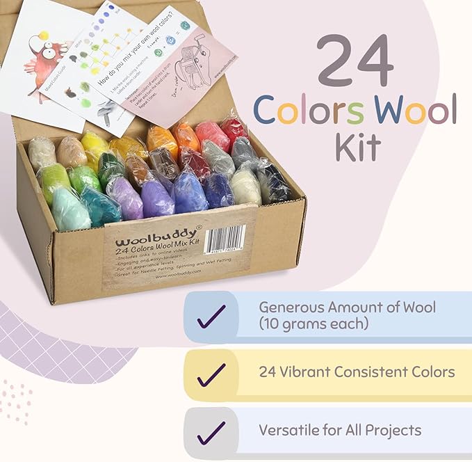 Woolbuddy Felting Wool Kit - 24 Vibrant Merino Wool Colors for Needle Felting, Wet Felting, and Crafts