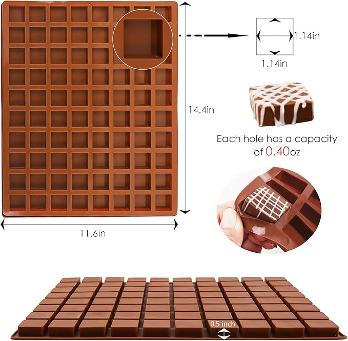 Sakolla Square Chocolate Mold, 80 Cavities Silicone Molds for Chocolate, Caramel, Praline, Ice Cube, Jelly, and Gummy (Coffee）