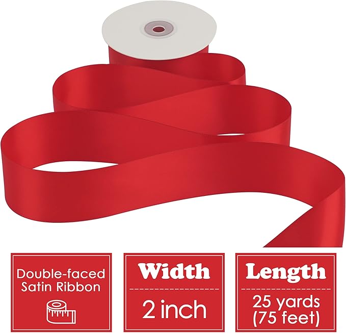 HUIHUANG Red Ribbon 2 inch Double Face Satin Ribbon Red Fabric Ribbon, 25 Yards/Roll for Crafts, Gift Wrapping, Flower Bouquet Wrap, Wedding Bridal Shower Holiday Decor, Hair Bows