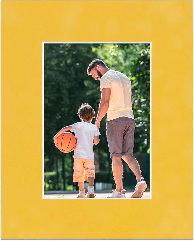 8x10 Mat Bevel Cut for 5.5x8.5 Photos - Acid Free Sunrise Yellow Suede Precut Matboard With Backing Board and Crystal Clear, Self Seal Photo Mat Bag - For Pictures, Photos, Framing - 4-ply Thickness