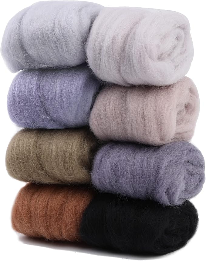WONVOC Needle Felting Wool 80g, Wool Roving, 8 Colors, Bulk, for DIY Crafts & Felting, 10g/Color, Grey