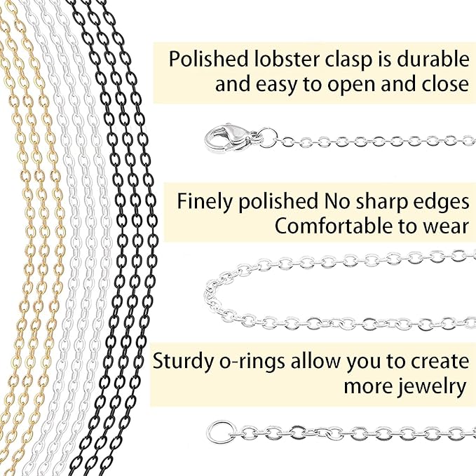 Jishi 30ft Jewelry Making Chains Bulk 2mm Necklace Chains for Jewelry Making Supplies, DIY Craft Earring Bracelet Making Findings, 3-Colors Gold Silver Black Plated Metal Rolo Cable Link Chain Rolls