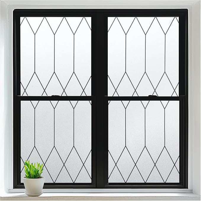 rabbitgoo Window Privacy Film for Glass Windows, Frosted Glass Cling with Decorative Moroccan Lattice, Removable Heat Control Sun Blocking Door Covering Sticker for Home Bathroom, 17.5 x 157.4 inches