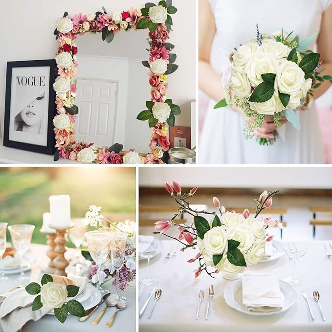 AmyHomie Artificial Flower Ivory Rose 25pcs Real Looking Fake Roses w/Stem for DIY Wedding Bouquets Centerpieces Arrangements Party Baby Shower Home Decorations