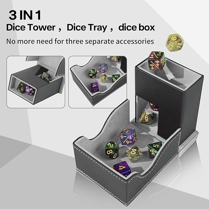 Dice Roller Tower, Premium DND Magnetic Dice Tray, Foldable PU Leather Dice Tower RPG Gifts for Dungeons and Dragons MTG Dm & Player Black/Grey