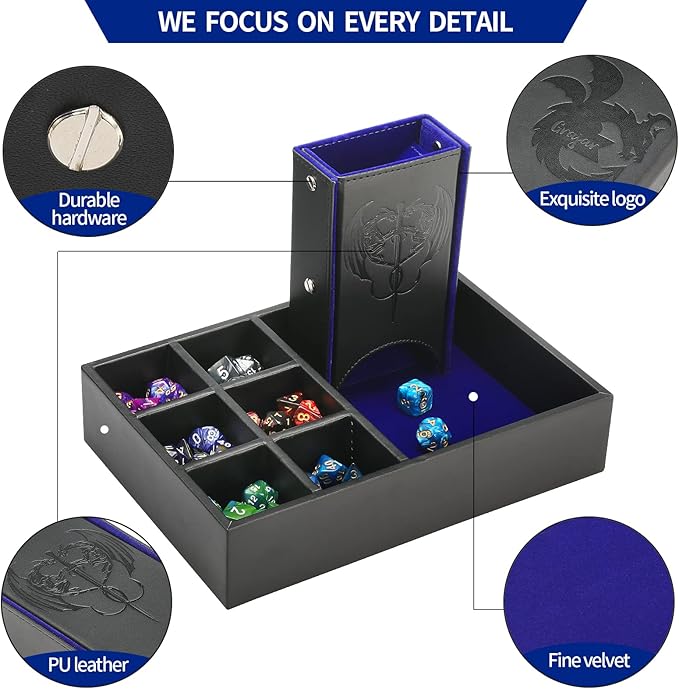 3 in 1 Dice Tray with Lid, Portable Dice Box Storage for DND, Dungeons and Dragons, D&D, MTG & RPG Games - Blue
