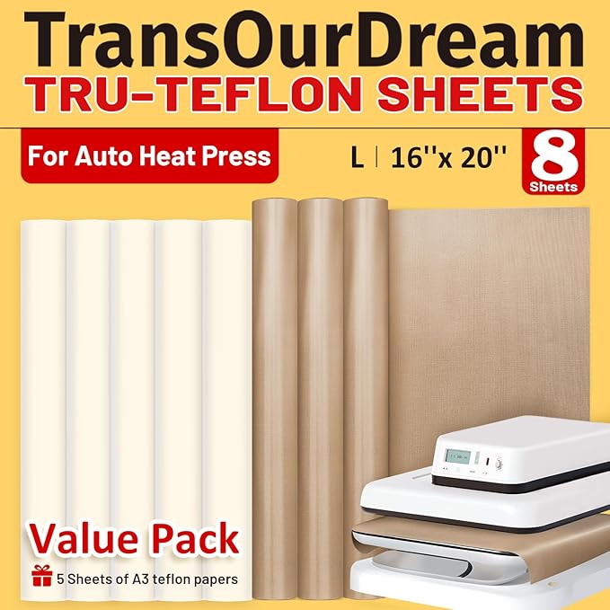 TransOurDream 3 PTFE Teflon Sheets 16×20"& 5 Teflon Papers A3 for Heat Press Transfer Sublimation Paper and Heat Transfer Paper Reusable Heat Resistant Non stick