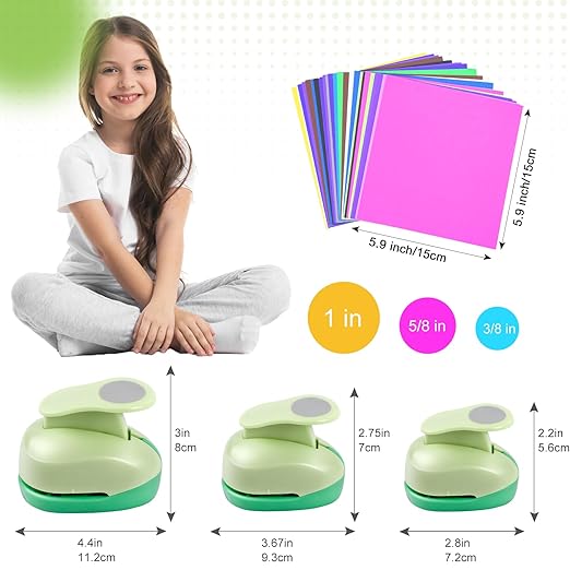 UCEC Circle Cutter, 3 Pcs Circle Puncher, 1 3/8 5/8 Inch Craft Hole Punch with 30 Pcs Colorful Paper, Hole Puncher Paper Cutter for Crafting Card, Making Scrapbook Craft, DIY Office Supplies