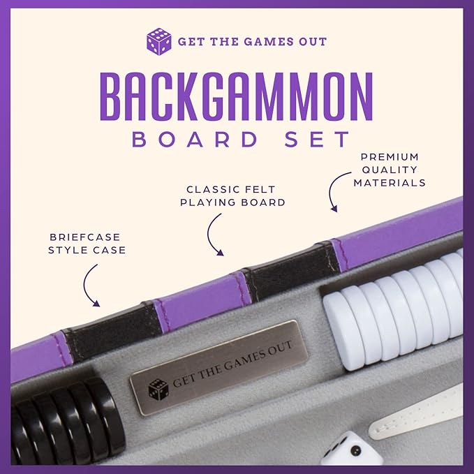 Get The Games Out Top Backgammon Set - Classic Board Game Case - Best Strategy & Tip Guide - Available in Small, Medium and Large Sizes (Purple, Medium)