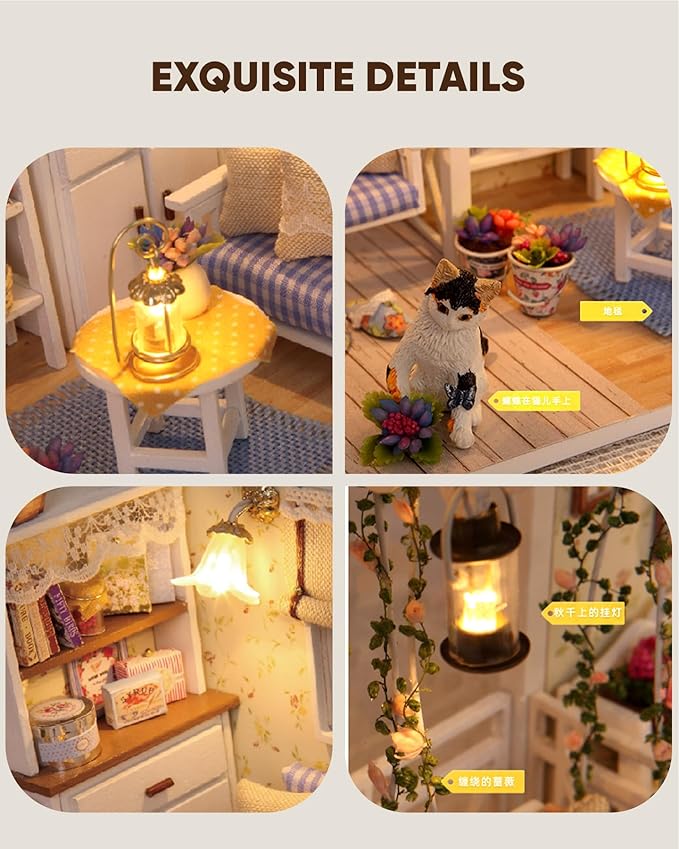DIY Miniature House Kit – Mini Doll House Model Tiny Home Build Dollhouse Diorama Craft Kit with LED Dust Cover for Beginners Christmas Halloween Holiday Birthday Gift for Adult(Cat Room)