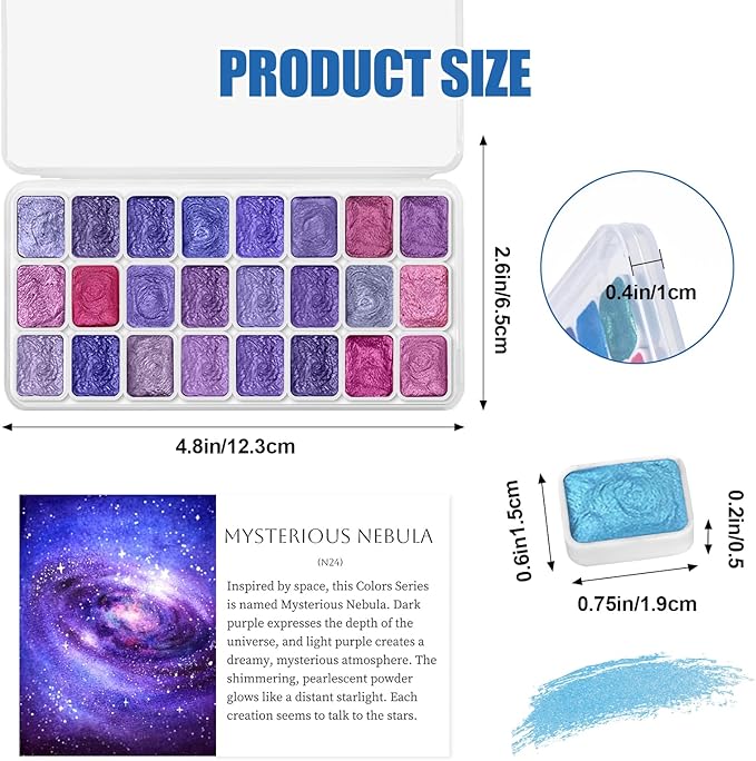 Mini Glitter Watercolor Paint Set with Paper, 24 Colors Shimmer Metallic Watercolour Painting Sets, Solid Pearl Water Color Paints for Adult, Kids, Purple 1ml Trial Pack(Mysterious Nebula)
