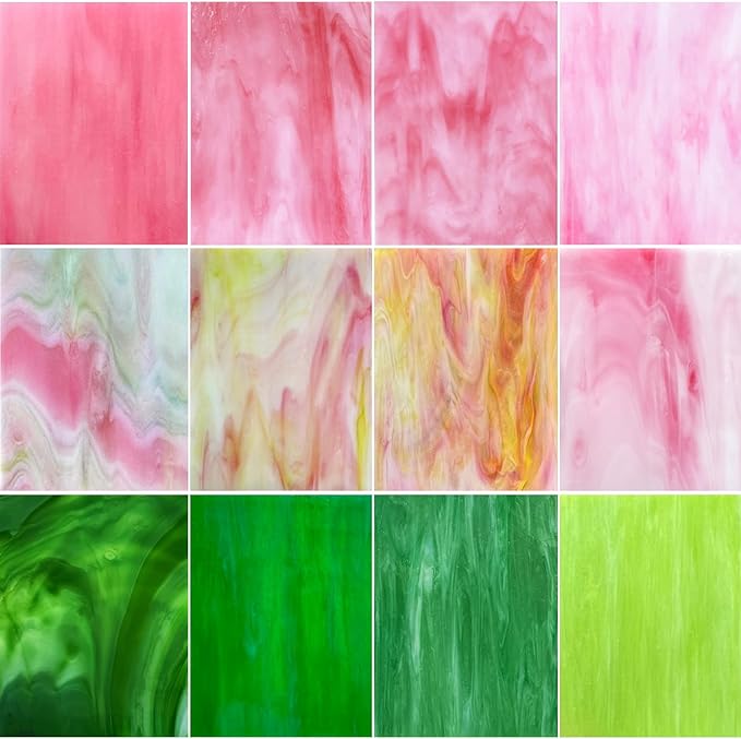 ILLUCKAI 12 Sheets Stained Glass Sheet Pink and Green Collection, 6 x 4 inch Stained Glass Mosaic Tiles for Stained Glass Projects Mosaic Crafts