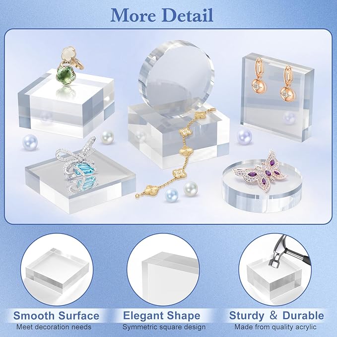 Acrylic Blocks 3 X 3 X 2 Inch 4 Pcs Acrylic Base Stand for Display Clear Block Square Riser Display Stands Pedestal Polished Cube for Jewelry trophy Props Collection Ring