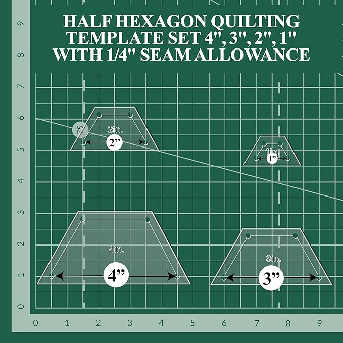 Quilting Acrylic Template Set | Precision Tools for Quilting Enthusiasts | Half Hexagon Design | Includes Sizes 4", 3", 2", 1" | 1/8 Clear Acrylic | 1/4" Seam Allowance for Accuracy