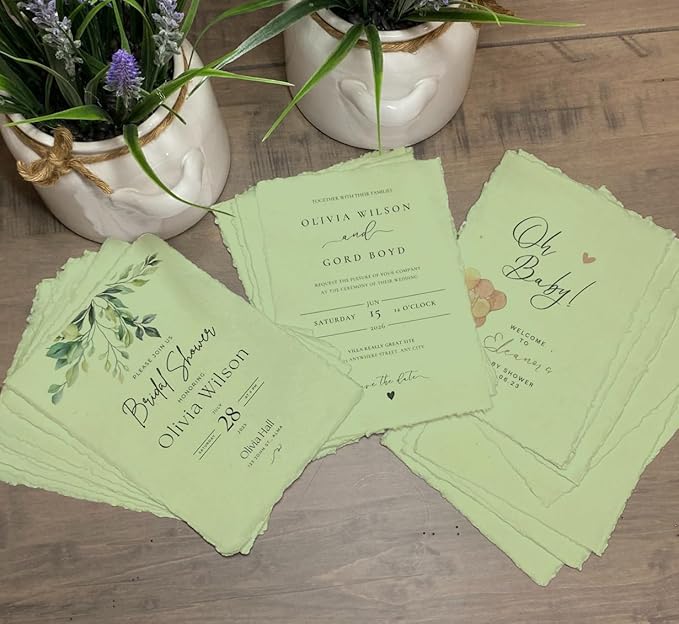 Wanderings Handmade Green Deckle Edge Blank Paper - 4x6 - Pack of 50 - Watercolour/Mixed Media Paper - Save The Date Invitations Greeting Cards Notes DIY Arts Crafts - Thick 150 GSM