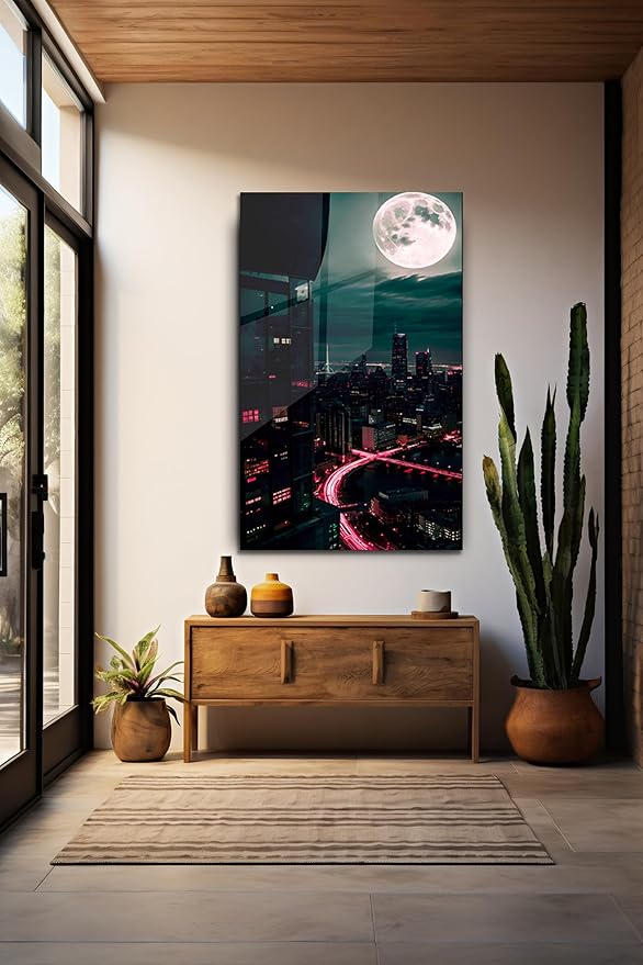 SpiritualHands Moon And City Glass Wall Art Painting for Living Room, Tempered Glass Modern Prints Decor, Large Vivid Color Panel for Bedroom, Kitchen, or Office