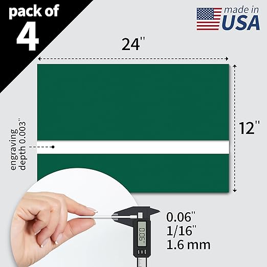 Trotec TroLase | 12"x24"x1/16", 4 Pcs | Dark Green/White | 2 Ply | Modified Acrylic | Laser Engraving Double Color Plastic Sheet | Engraving Blanks for Laser, Saw, Guillotine | Made in USA