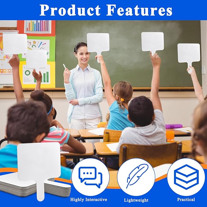 24 Pcs Dry Erase Answer Paddle, 10 x 8 Inch Auction Paddles with Markers and Erasers, Handheld White Board with Handle for Teaching Meeting Bidding Voting Games (Double Sided)