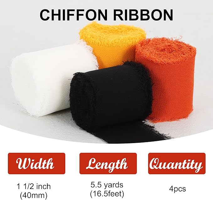 TONIFUL 4 Rolls Black & Orange Chiffon Ribbon 1 1/2 inch× 5.5 Yards Ribbon Fabric Silk Ribbon for Gift Wrapping Wedding Party Decoration Flower Bouquet Wrapping Bows Making DIY Crafts
