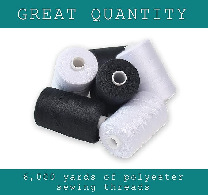 Black & White Sewing Thread - 6 Spools of Polyester Thread for Sewing Machine for Beginners, Hand Stitching & Quilting - 1000 Yards Per Spool