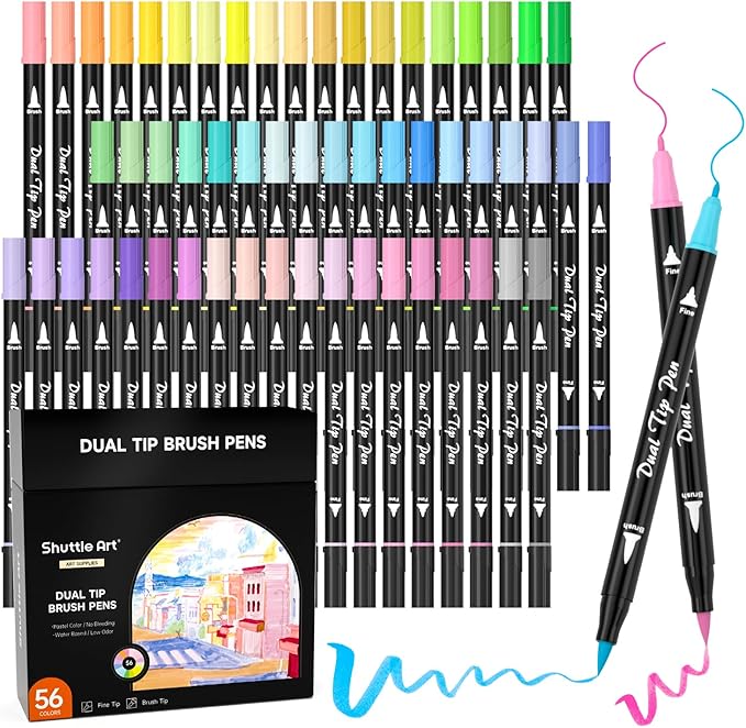 Shuttle Art Pastel Brush Pens, 56 Pastel Colouring Pens, Dual Tip Brush Markers with Fineliner Tip, Drawing Felt Tip Pens for Adults Colouring Books, Painting Sketching Calligraphy and Journaling
