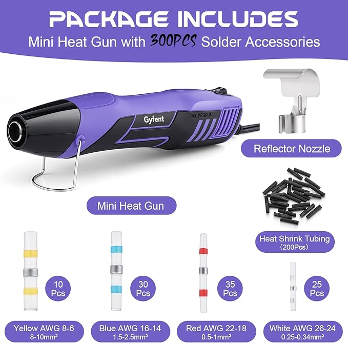 Gyfent Heat Gun with 100Pcs Solder Seal Wire Connectors & 200Pcs Heat Shrink Tubing, 662°F/752°F(350°C/400°C) 350W 2-Temp Mini Heat Gun with 5Ft Power Cord for Crafting Shrink Tubing Embossing DIY
