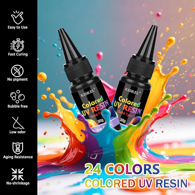 KISREL UV Resin, 24 Opaque Colored UV Resin Kit, Solid Colored UV Resins, Rigid Ultraviolet Clear Resin for Crafts, Jewelry Making and Decoration(20 g/Bottle)