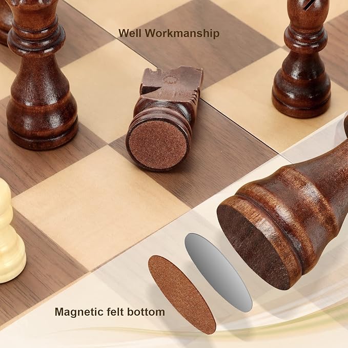 Magnetic Wooden Chess Set for Adults Kids 17'' Chess Board with Handmade Pieces, Folding Portable Travel Unique Chess Sets Game for Tournament Professional Beginner