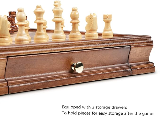 AMEROUS 12.8" x 12.8" Magnetic Wooden Chess Set with 2 Built-in Storage Drawers - 2 Bonus Extra Queens - Gift Packaging - Staunton Chess Pieces, Board Games Chess Sets for Adults and Kids