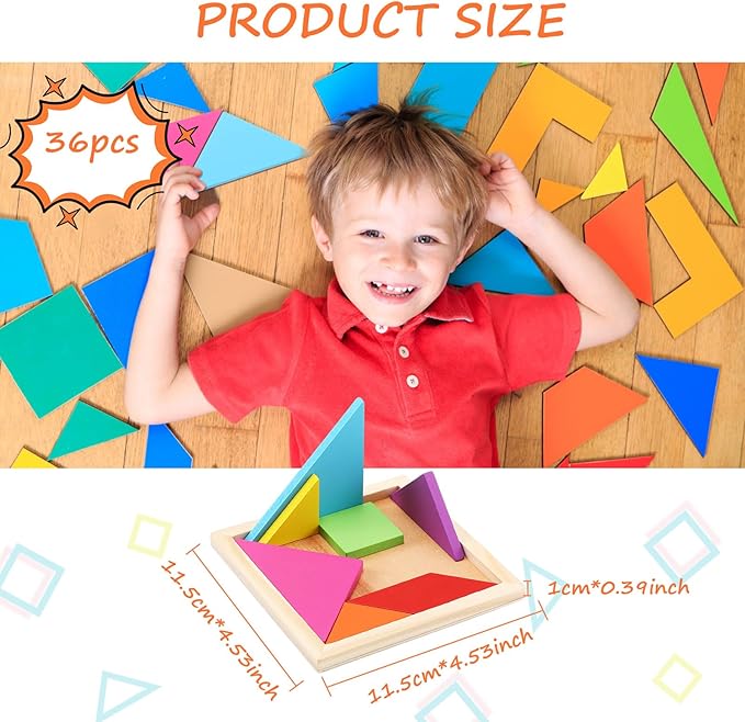 Shappy 36 Pieces Wooden Tangram Puzzles for Kids Educational Shape Puzzle Toys Geometric Pattern Brain Logic Puzzle Blocks for Students Educational Activities Back to School Gifts(Classic Style)