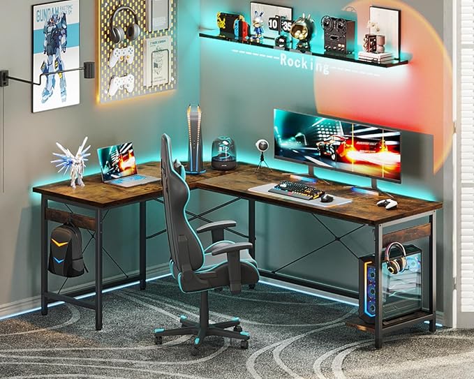 Coleshome 66" L Shaped Larger Gaming Desk, Corner Computer Desk, Sturdy Home Office Computer Table, Writing Workstation, Vintage